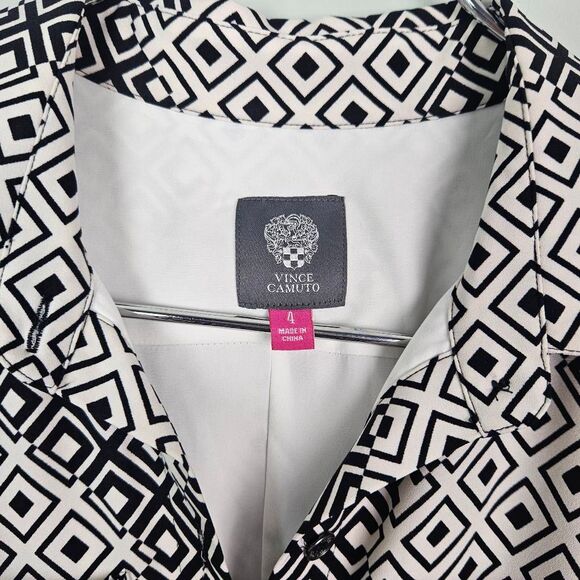 VINCE CAMUTO Women's Printed Crepe de Chine Shirtdress w/ Tie Belt Black White 4 - Picture 4 of 8